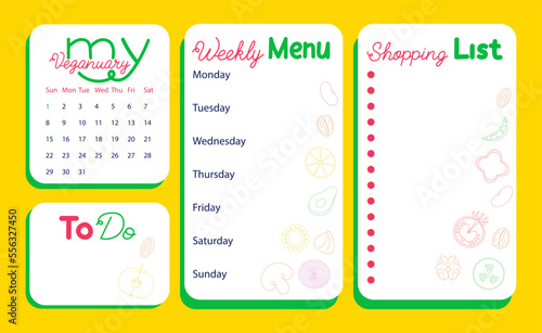 Veganuary calendar page and menu planner vector illustration. January go vegan challenge. Weekly menu, shopping and to do list decorated with doodle vegetables and nuts