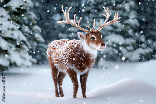 A reindeer in the snow for Christmas decoration. Generative AI. © Amimy