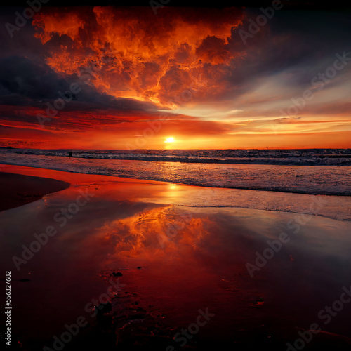 Fiery Coastal Sunset - Generative AI © Christopher
