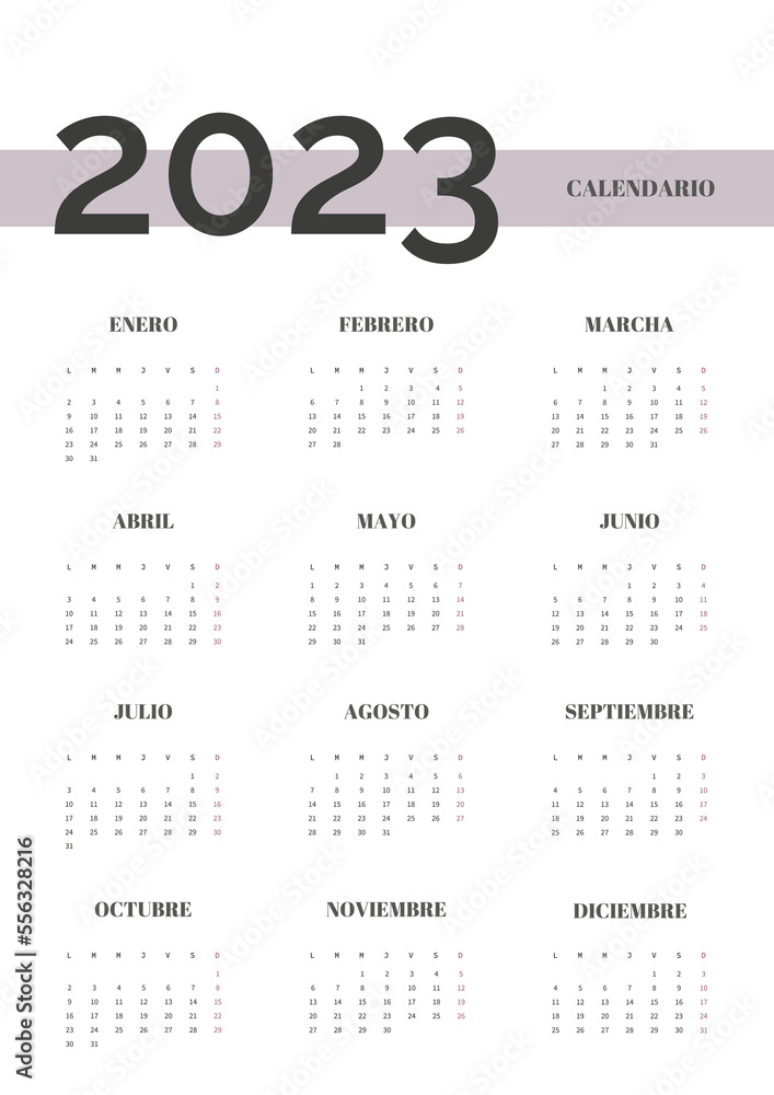 Colorful Year 2023 Calendar, In Spanish Isolated On White Background 