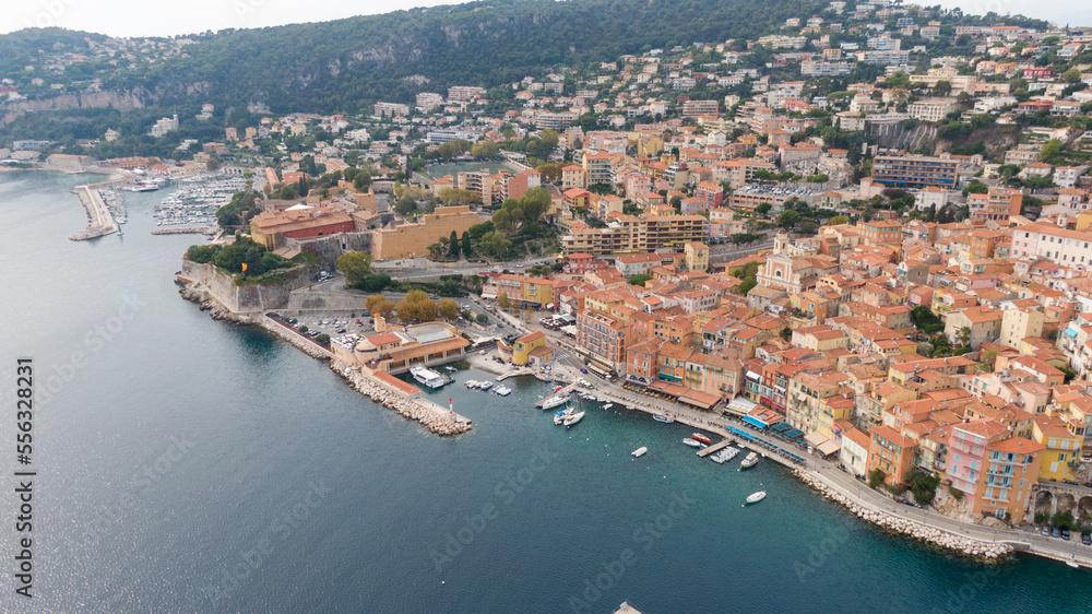Villefranche, small town in france, French Riviera, Drone view on coast and town