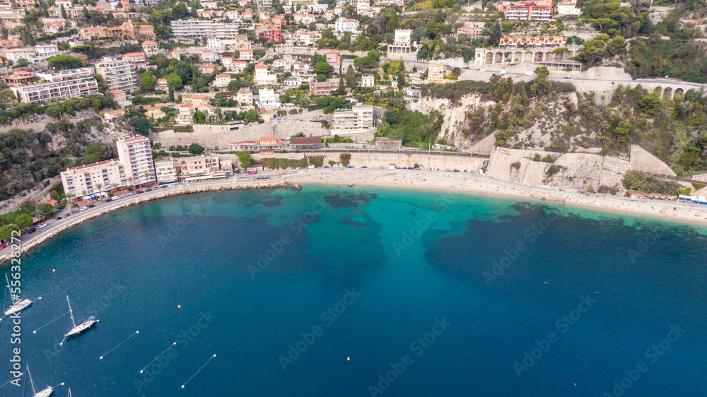Villefranche, small town in france, French Riviera, Drone view on coast and town