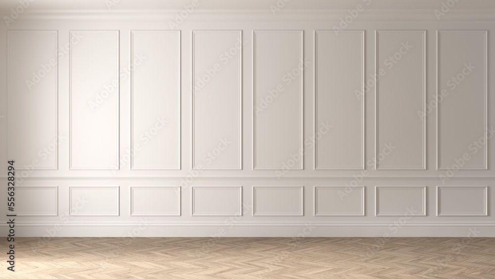 White empty interior in classic style. The light wall is decorated with moldings. Background modern rendering of an architectural interior. 3d render illustration mock up. White empty interior in classic style. The light wall is decorated with moldings. Background modern rendering of an architectural interior. 3d render illustration mock up.