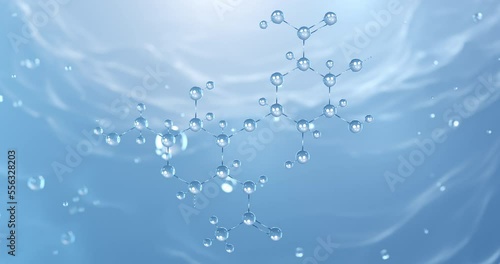 hyaluronic acid rotating serum molecular structure with rising air bubbles, blue liquid or collagen, 3d rendering view from a microscope photo