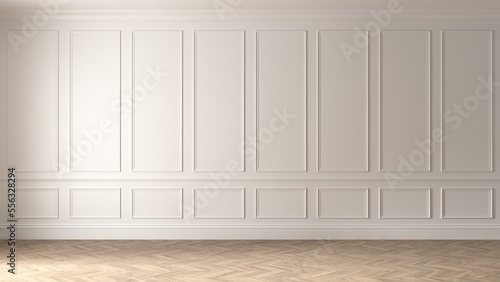White empty interior in classic style. The light wall is decorated with moldings. Background modern rendering of an architectural interior. 3d render illustration mock up.