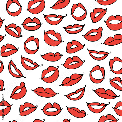 Vector seamless pattern with contour sketch sexy red lips on white background. Illustration of beauty sexy lips pattern, sketch female fashion