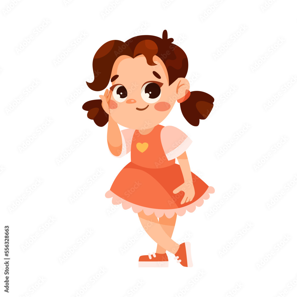 Funny Little Girl in Red Dress Expressing Emotion Flirting Flushed with Red Cheeks Vector Illustration Funny Little Girl in Red Dress Expressing Emotion Flirting Flushed with Red Cheeks Vector Illustration