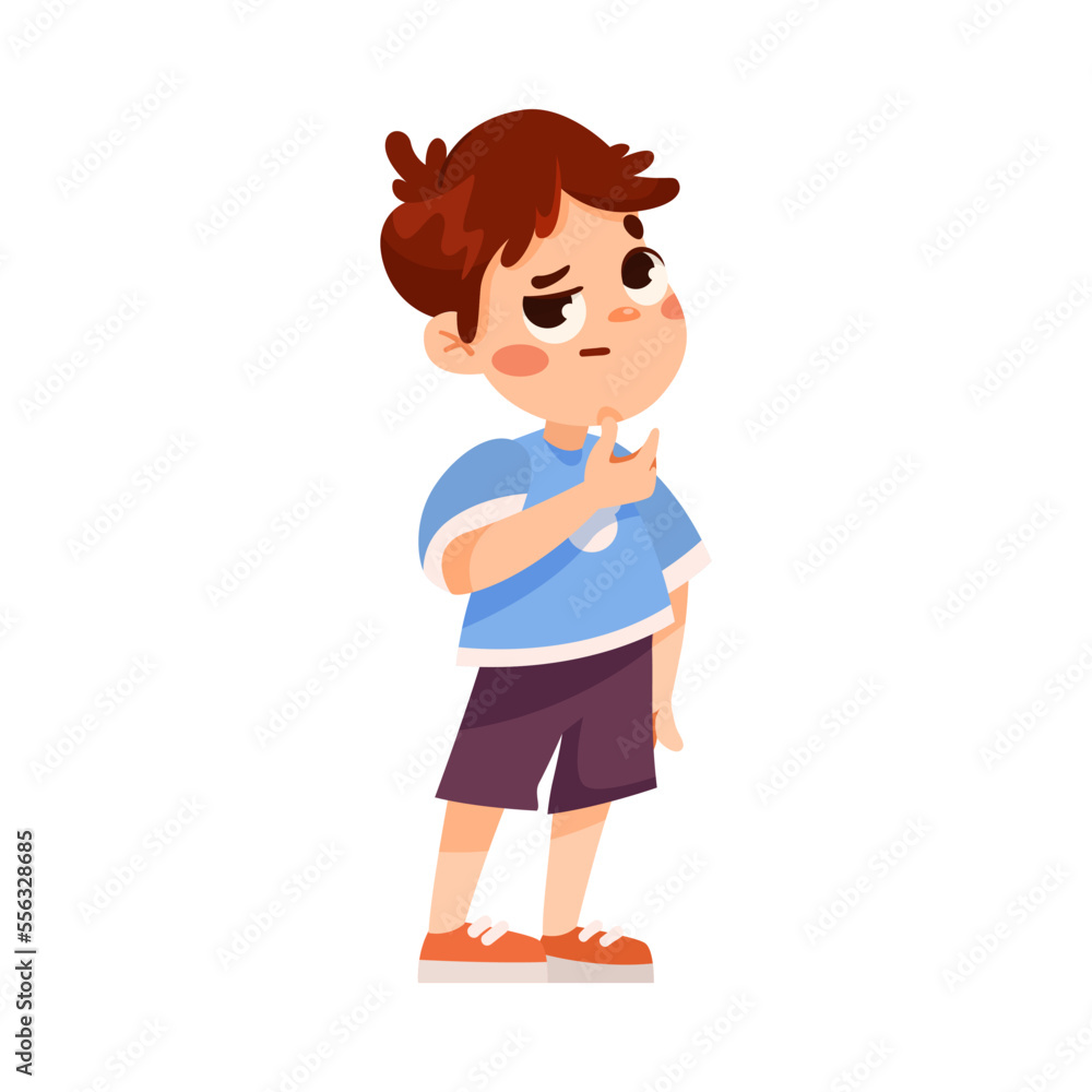 Funny Little Boy in Blue Sweatshirt Thinking Expressing Emotion Vector Illustration