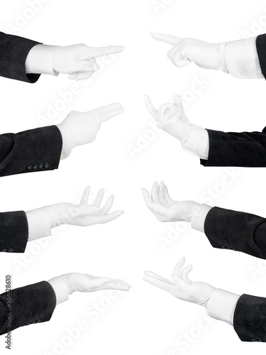 Obraz na płótnie Man hands in white glove and black suit set. Holding, pointing, supporting and offering hands isolated png with transparency w salonie