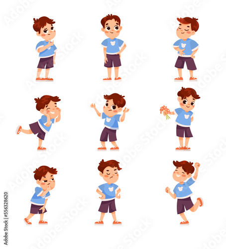 Funny Little Boy in Blue Sweatshirt Expressing Different Emotion Vector Set
