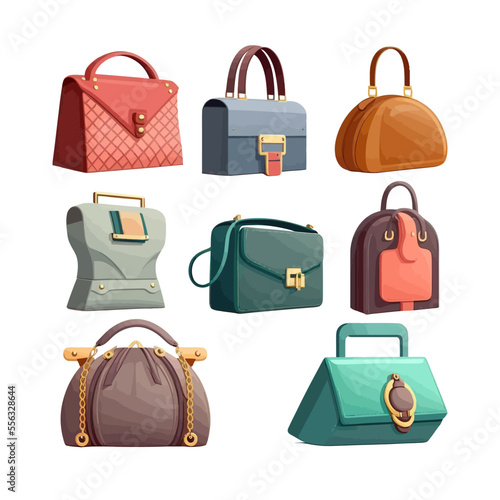 Fashion purses designs set. Isolated on background. Cartoon flat vector illustration