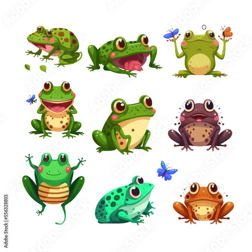 Set of cartoon hungry frog sad, smile, resting and hunting isolated on white background. Isolated on background. Cartoon flat vector illustration