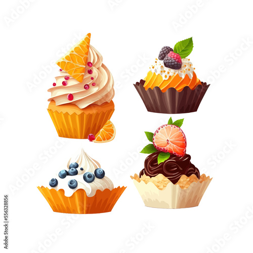 Set of pastries in cupcake paper. Isolated on background. Cartoon flat vector illustration