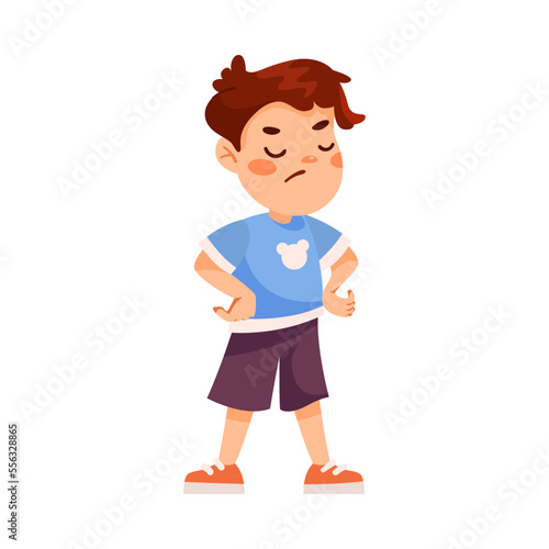Funny Little Boy in Blue Sweatshirt with Grumpy Face Expressing Emotion Vector Illustration