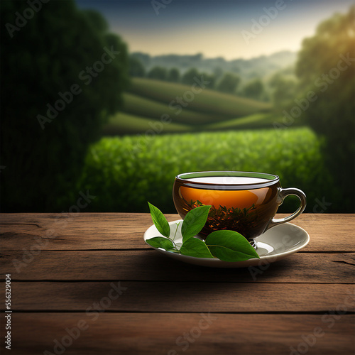 Tea cup with green tea leaf on the wooden table and the tea plantations background.