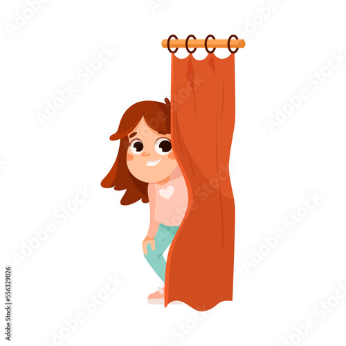 Little Girl Behind Curtains Playing Hide and Seek Game and Having Fun Vector Illustration