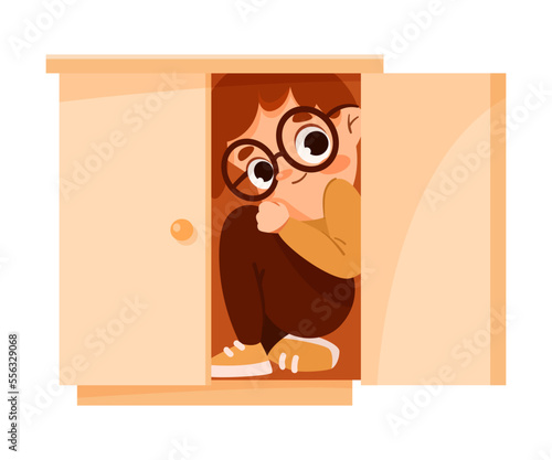 Little Boy Sitting in Cupboard Playing Hide and Seek Game and Having Fun Vector Illustration