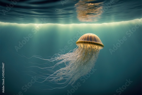 a jellyfish swimming in the ocean with a light shining on it's head and a light shining on its back. Generative AI