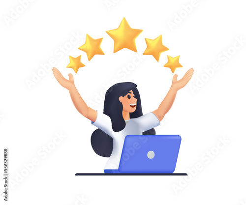 3d five stars the best rating. Review business character with computer the score five stars. People customers feedback
