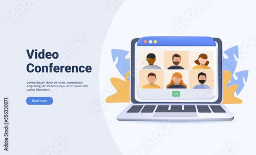 3D Video conference landing. People computer screen taking colleague. Videoconferencing online meeting 3D render vector