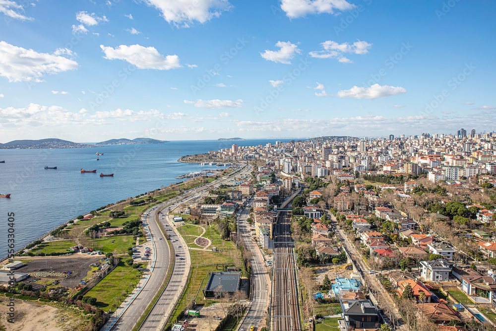 Istanbul Anatolian side coastline, islands and the Sea of Marmara. Kartal coast, modern buildings and housing situation view from IstMarina Shopping Center in Kartal, Istanbul. Architectural Concept.