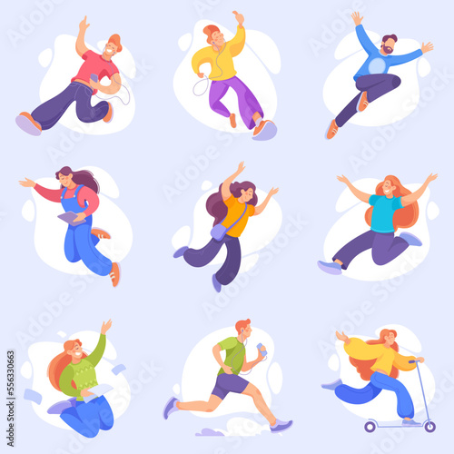 Happy People Characters Engaged in Active Motion Vector Illustration Set