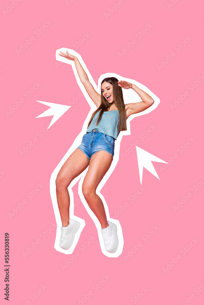 Composite collage photo of young excited energetic dancer woman wear summer outfit hands up celebrate shopping season isolated on pink background Composite collage photo of young excited energetic dancer woman wear summer outfit hands up celebrate shopping season isolated on pink background