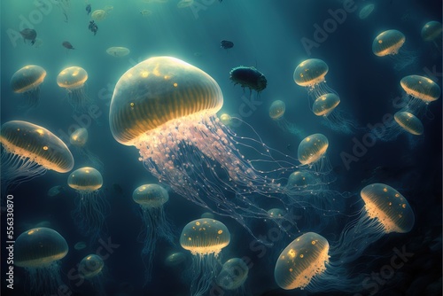 a group of jellyfish swimming in the ocean together in the water.