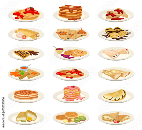 Pancakes with different stuffings set. Rolled crepes served with cartoon vector