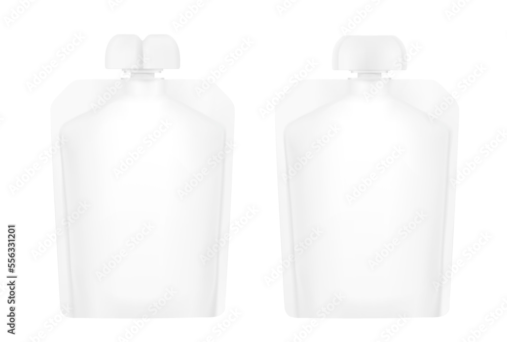 Set of pouch bags with different caps mockup. Front view. Vector illustration isolated on white background. Can be use for template your design, presentation, promo, ad. EPS10. Set of pouch bags with different caps mockup. Front view. Vector illustration isolated on white background. Can be use for template your design, presentation, promo, ad. EPS10.