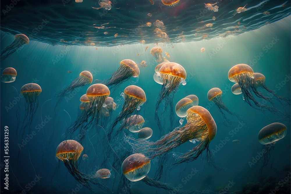 a group of jellyfish swimming in the ocean water with sunlight shining ...