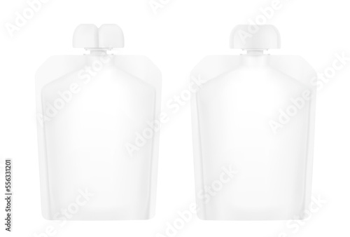 Set of pouch bags with different caps mockup. Front view. Vector illustration isolated on white background. Can be use for template your design, presentation, promo, ad. EPS10.	