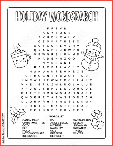 Holiday word search puzzle, Christmas word puzzle. Christmas activity. Fun activities for kids.