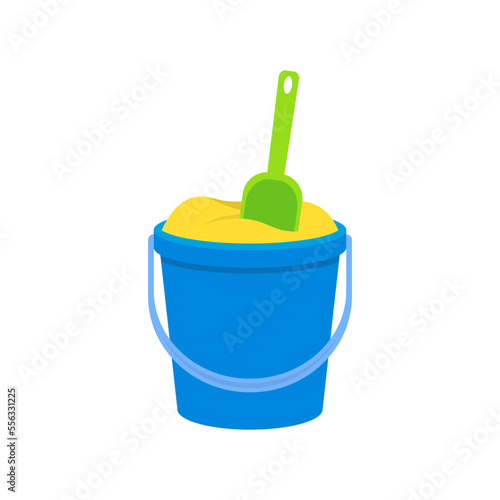 Blue bucket with sand and green shovel. Vector illustration.