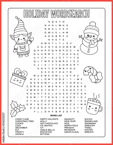 Holiday word search puzzle, Christmas word puzzle. Christmas activity. Fun activities for kids.