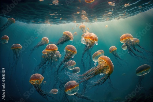 a group of jellyfish swimming in the ocean water with sunlight shining through the water's bubbles and bubbles.