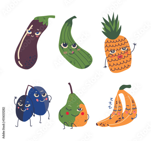 Cute Cartoon Smiling Fruit and Vegetable Character with Hands Vector Set
