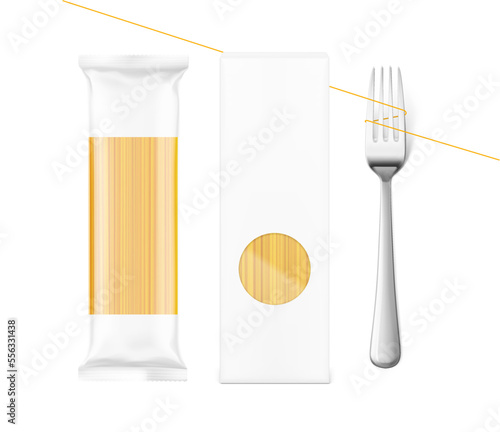 Realistic pasta food package bag and cardboard box mockup. Vector illustration. Ready to place your design. EPS10.	