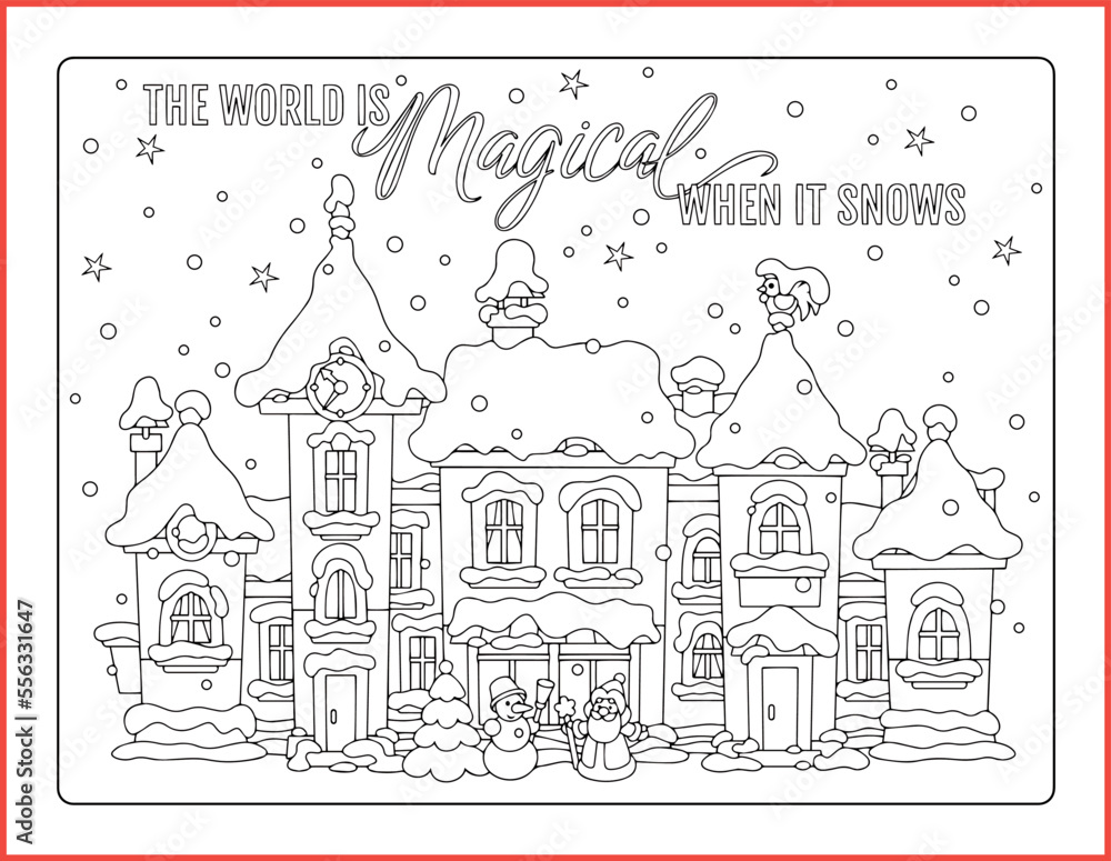 Coloring Page, Fun, winter-themed activity sheet with snowman and snow view for kids