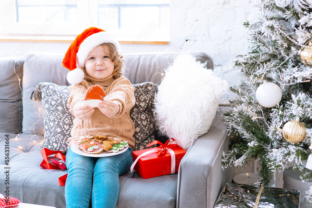 Obraz premium cute happy little girl with curls in Santa hat is sitting on chair near Christmas tree with plate of Christmas gingerbread cookies in her hands, New Year and Christmas family concept