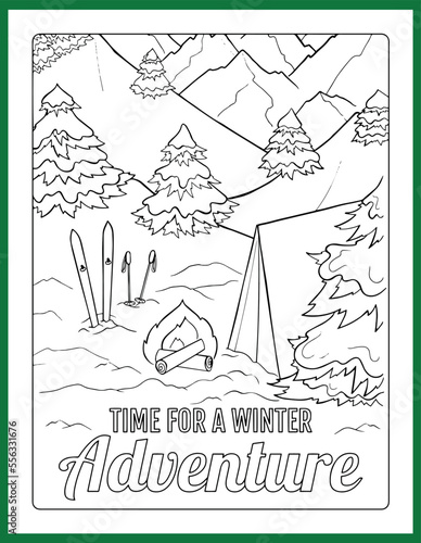 Coloring Page, time for a winter, adventure. Fun activity sheet for kids