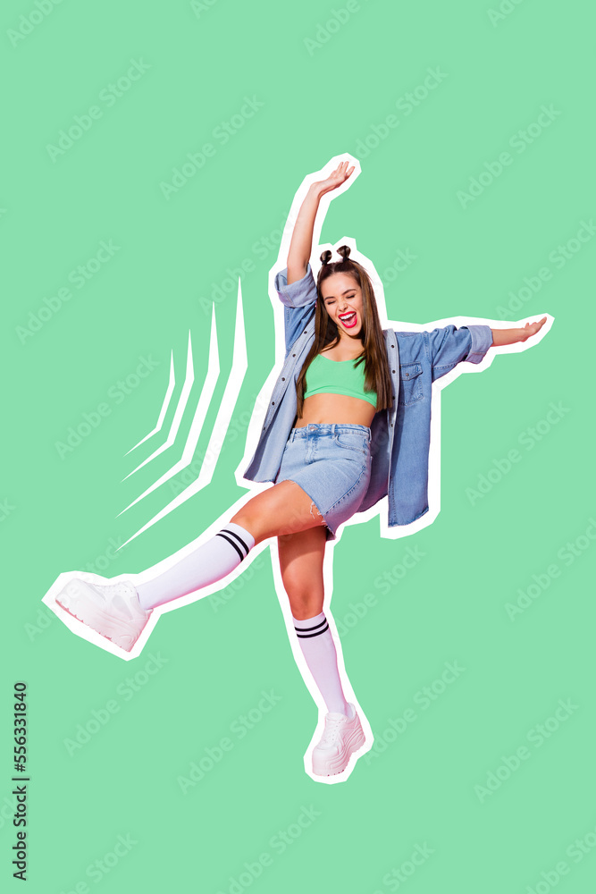 Collage artwork graphics picture of happy cool lady having fun walking mini skirt isolated painting background Collage artwork graphics picture of happy cool lady having fun walking mini skirt isolated painting background