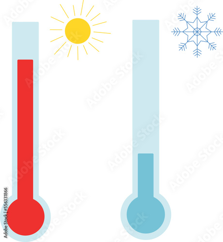 Thermometer icon set. Device for measuring high and low temperatures isolated on a white background. Sun and snowflake symbols. Celsius and fahrenheit. Vector flat illustration.
