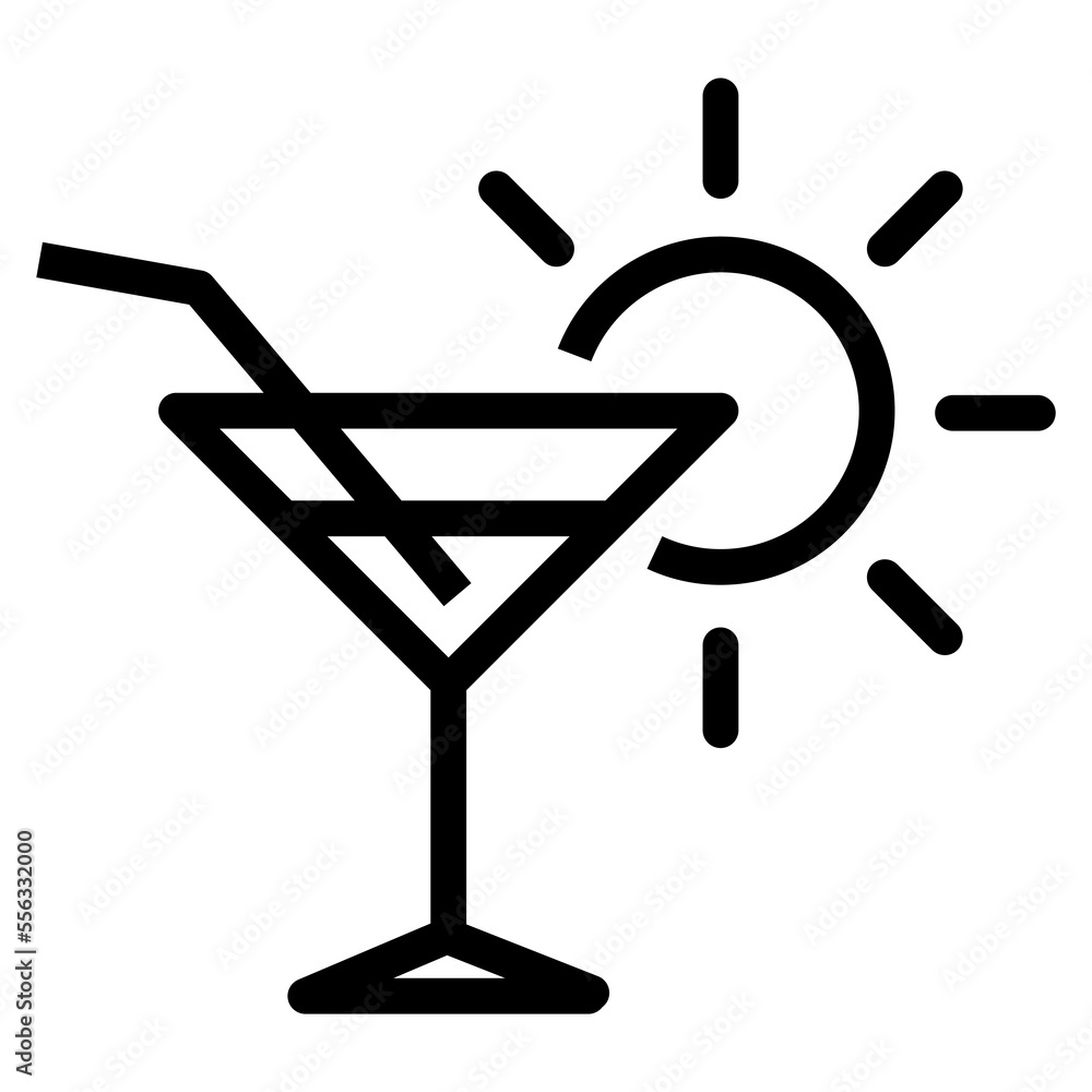 Logo beach bar. Ilustración aislada con cocktail con copa con sol lineal Logo beach bar. Ilustración aislada con cocktail con copa con sol lineal