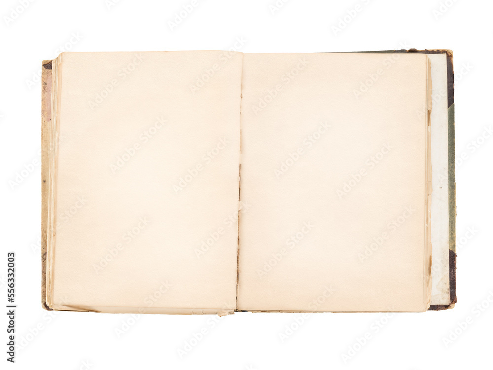 Old open book with blank pages. Isolated png with transparency