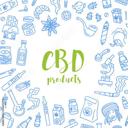 Vector hand drawn CBD infused products doodles background. Illustration with contour marijuana infused juice, flowers, cigar, preroll. Microscope, vape, bong, chocolate and other products flying