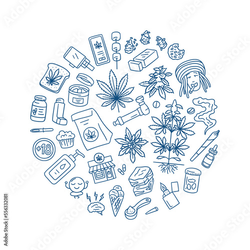 Vector hand drawn CBD infused products doodles round composition. Sativa infused butter, bread, marshmellows, cookie, preroll and tincture products in circle. Cannabis plant, flower in jar composition