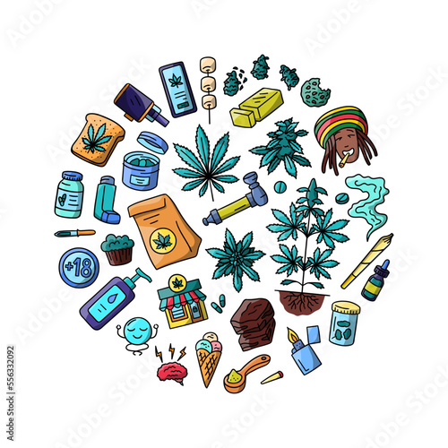 Vector hand drawn CBD infused products doodles round composition. Sativa infused butter, bread, marshmellows, cookie, preroll and tincture products in circle. Cannabis plant, flower in jar composition