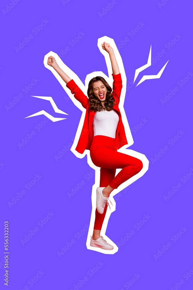 Creative photo 3d collage artwork poster postcard of overjoyed funky lady wear red suit glad triumph yeah isolated on painting background