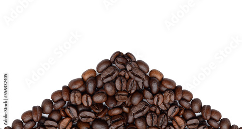Big pile of roasted coffee beans on white